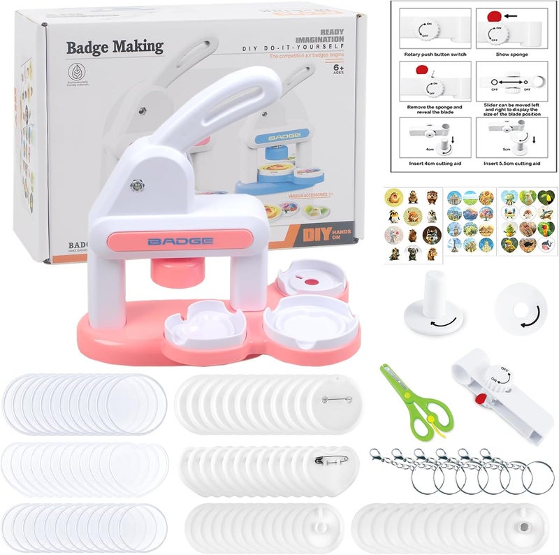 Lymoc Badge Maker Machine with 3 Pins Sharp,Upgrade Button Maker Artist DIY Pin Maker Press Machine Badge Punch Kit with 86 pcs Button Parts Circle Cutter Present Installation-Free,Pink - Image 1